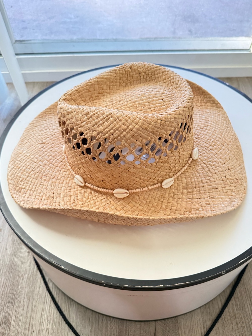 lack of color seashells tan straw western cowboy summer sun beach hat medium NEW